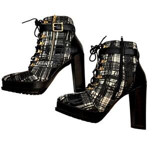 Shoedazzle Women's Shoes 10 Black Laces Closed Toe  Ankle Boots Plaid Booties